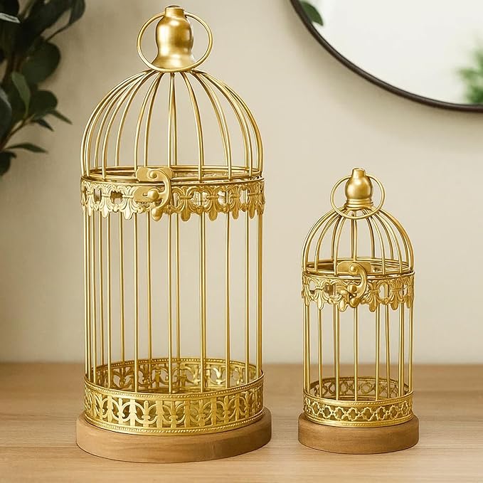 VELA LANTERNS Birdcage Candle Lanterns – Set of 2 Decorative Metal Lanterns on Wooden Base – Vintage Farmhouse Tabletop & Hanging Lantern for Weddings, Parties & Home Decor, Gold