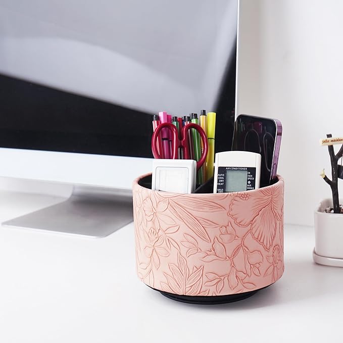 Round Leather Art Supply Organizer,Remote Control Holder,360 Degree Spinning,Multi-Functional Pencil Holder,4 Compartments Desktop Stationary Organizer(1-Carved Pink)