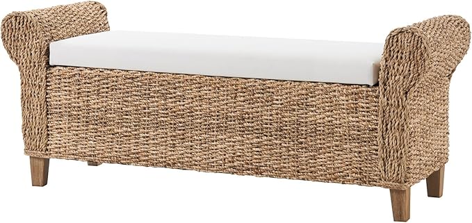 56" Rattan Storage Bench with Rolled Arms, Bohemian Farmhouse End of Bed Upholstered Benches, Interior Divided Entryway Footstool with Solid Wood Legs, Natural