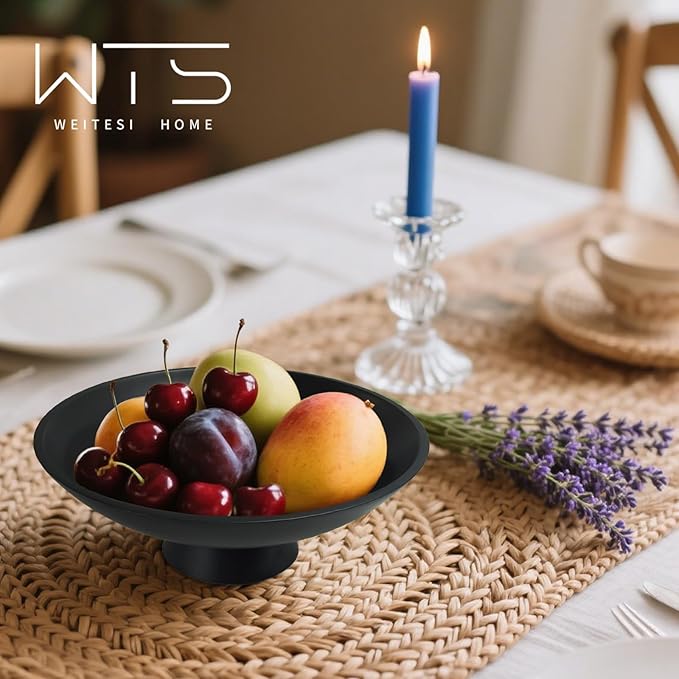 Large Decorative Fruit Bowl for Kitchen Counter, Modern Resin Pedestal Bowl for Home Decor, Stylish Key Bowl for Entryway Table, Decorative Bowl for Coffee Table Decor, Artificial Stone Black
