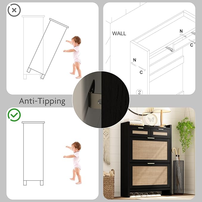Shoe Organizer Cabinet Storage for Entryway - Slim Rattan Shoe Rack for Front Door Entrance, Narrow Hidden Shoe Cabinet with Flip Drawers, Boho Shoe Holder Cabinet, Two Doors, Black