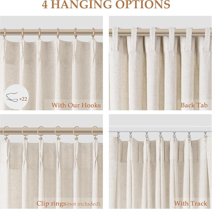 Aersas Natural Pinch Pleat Linen Curtains 136 Inch Length 2 Panels Set for Bedroom Dining Room Semi Sheer Linen Boho Farmhouse Neutral Window Curtains for Living Room Nursery Natural Cream 50x136