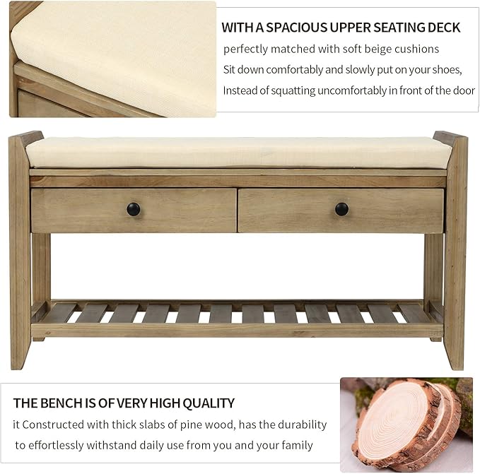 Knocbel Entry Storage Bench Shoes Rack with Cushioned Seat, 2 Drawers & Slatted Shelf, Living Room Entryway Hallway Foyer Shoe Bench Bedroom End of Bed Bench (Gray Wash)