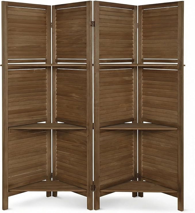 Bluecat 4 Panel Room Divider with Shelves, 64" W x 67" H Foldable Privacy Screen, Freestanding Solid Wood Partition Wall for Home Office Bedroom, No Assembly Required, Natural