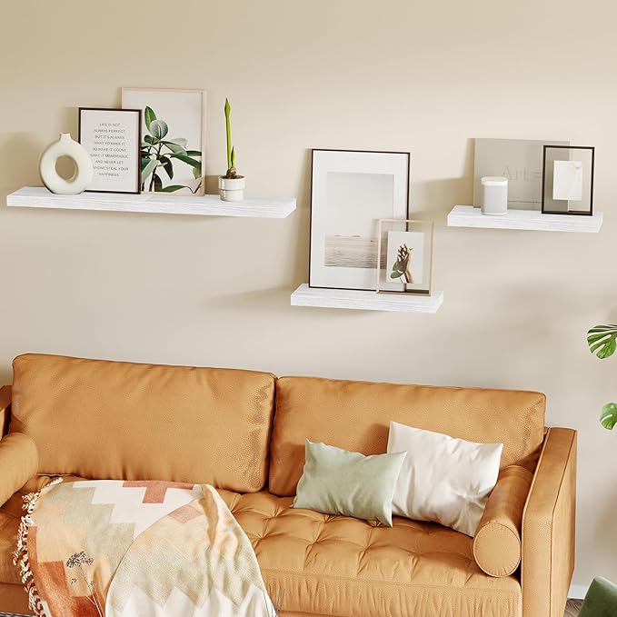 Fixwal White Shelves for Wall, 15.8in Rustic Wood Finish Floating Wall Shelves Set of 4, Shelves for Wall Decor, with Invisible Brackets for Bathroom, Living Room,Bedroom and Kitchen