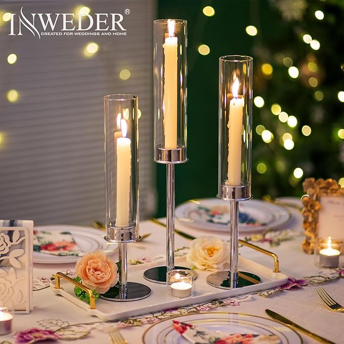 Silver Candle Holders for Candlesticks - Taper Candle Holders with Removable Glass, Tall Silver Candlestick Holders, Candle Stand Candle Sticks Long Holder for Table Centerpiece, Home, 18Pcs