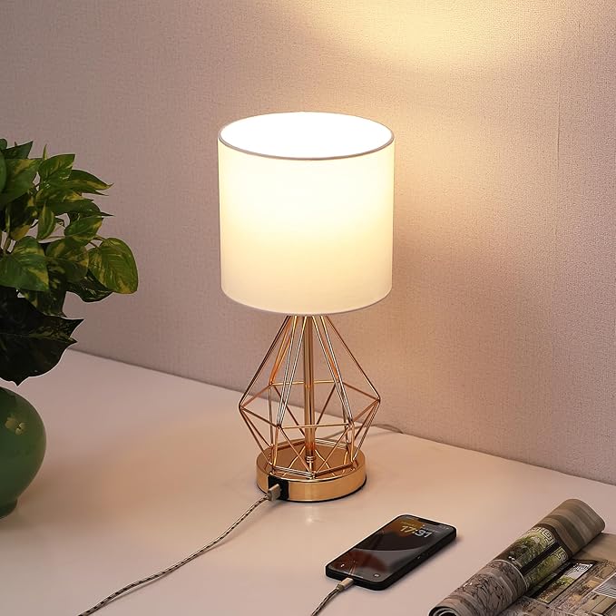 Gold Bedroom Lamps Set of 2, 3 Way Dimmable Touch Table Lamp with USB A+ C Port, Modern Small Lamp for Nightstand with Fabric Shade, Brass Bedside Lamp for Bedroom Living Room, 2 LED Bulbs Included