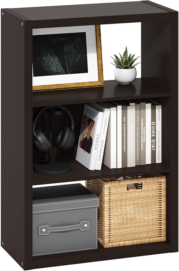 Furinno Viola Book Shelf, 3-Tier Bookshelf, Extra Thick Frame Bookcase with Open Shelf, Open Back Design, 11.3" x 23.2" x 35.9", for Living Room, Bedroom, Home Office, Black Dark Oak