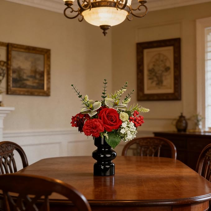 Artificial Flower in Black Glass vase, Red Roses,Carnations, Orchids, Artificial Roses in vase,11 x 11 x 16 inches (BGV-Red)
