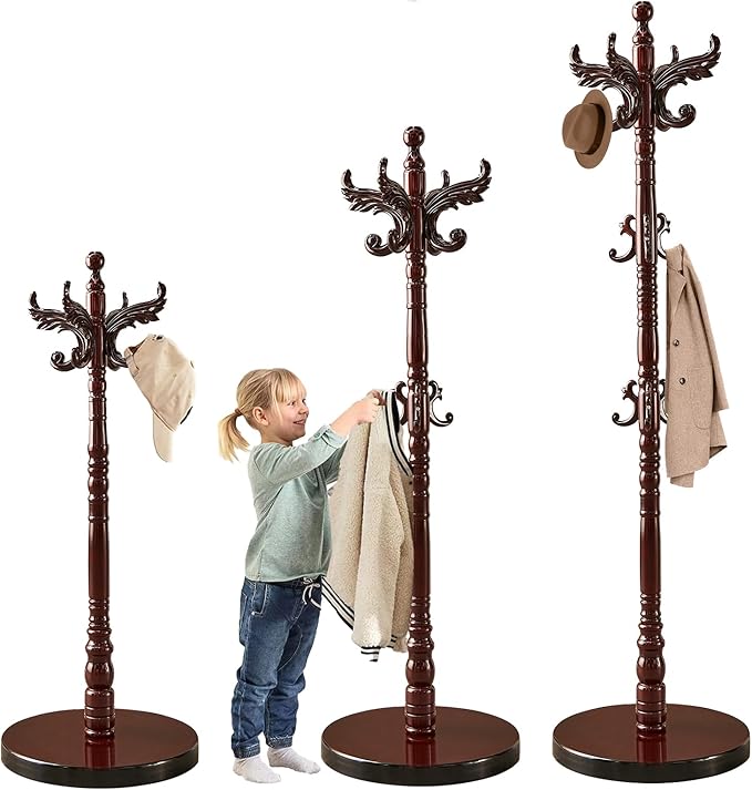 Snaikor Wooden Coat Rack Stand, Vintage Natural Birch Wood Coat Racks Freestanding, Solid Wood Coat Tree Stand with 14 Hooks, Classic Sturdy Coat Racks Hall Tree for Entryway, Office (Round chassis)