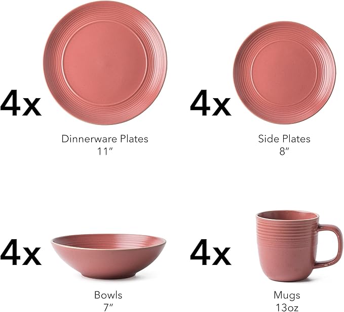 Arora RINGAR Round Stoneware 16pc Dinnerware Set of 4, Dinner Plates, Side Plates, Cereal Bowls, Mugs - Speckle Matte Red (395476)
