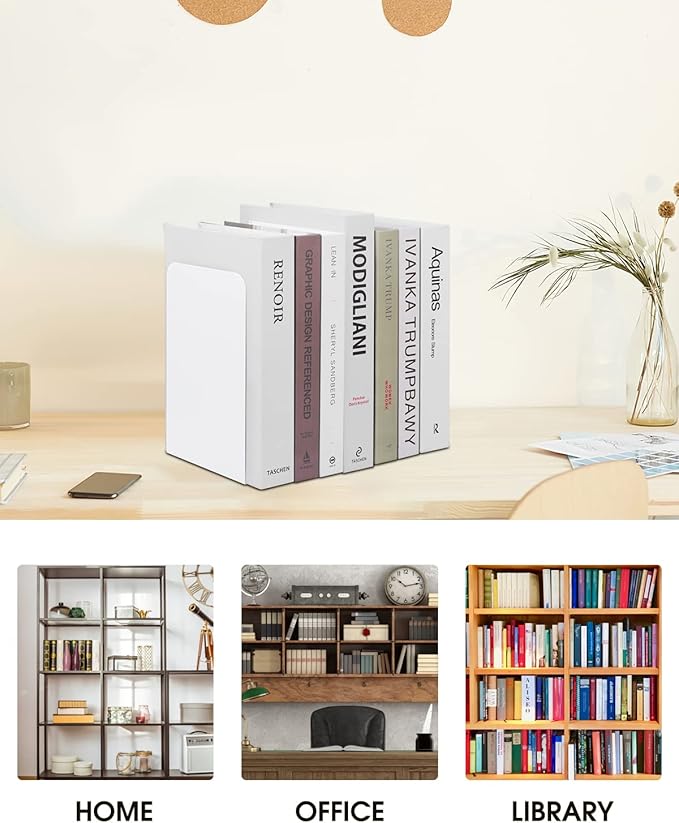 Honagu Book Ends, Bookends for Shelves, Home, Office, Metal Book Stopper for Books, Metal Bookend Supports, Modern Minimalist Style Decorative Bookend, White (4Pairs/8Pcs)