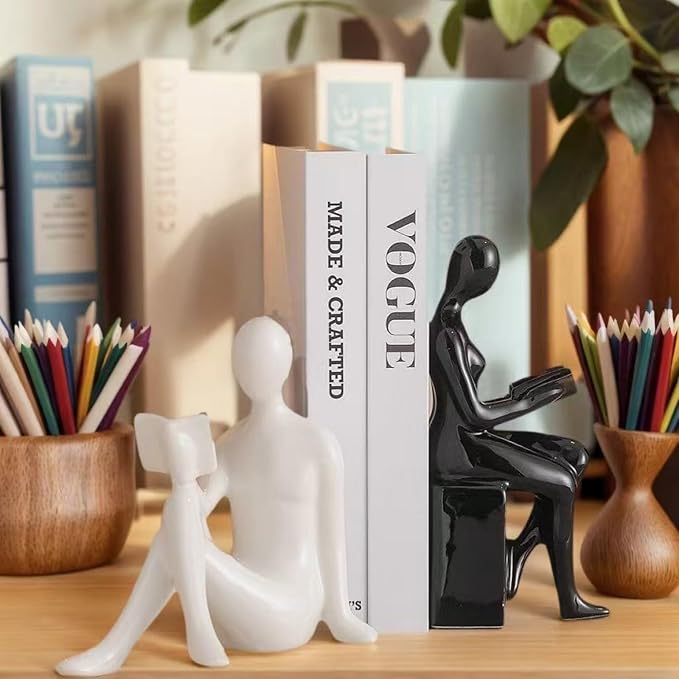 Ceramic Decorative Black and White Bookends Set of 2, Sturdy Stable Non-Slip for Books, Modern Abstract Sculptural Book Ends, Geometric Human Face Aesthetic Shelf Decor for Home Office Library