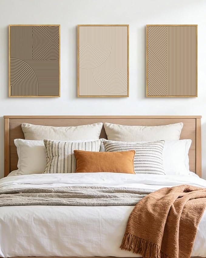 PHOPAGO Boho Mid-Century Modern Framed Wall Art Minimalist Abstract Neutral Line Wall Decor Bohemain Geometric Artwork Kitchen Dining Room - 12x16in Natural Framed
