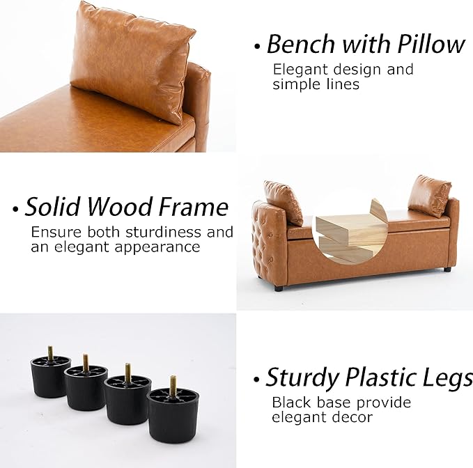 Storage Bench for Bedroom, 60" End of Bed Bench for King Size Bed,Tufted Bench Modern Upholstered Long Ottoman Bench with Arm (Camel Brown, Faux Leather-60 Wide)