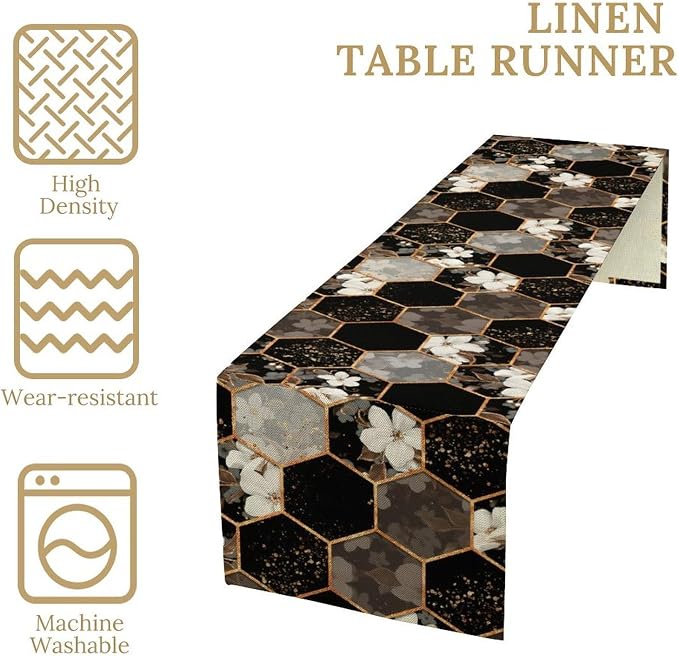 Geometric Marble Table Runner, Black Gold Hexagon White Flower Bloom Accent Table Runner for Kitchen Dining Party Wedding Decor, 13x108 Inch