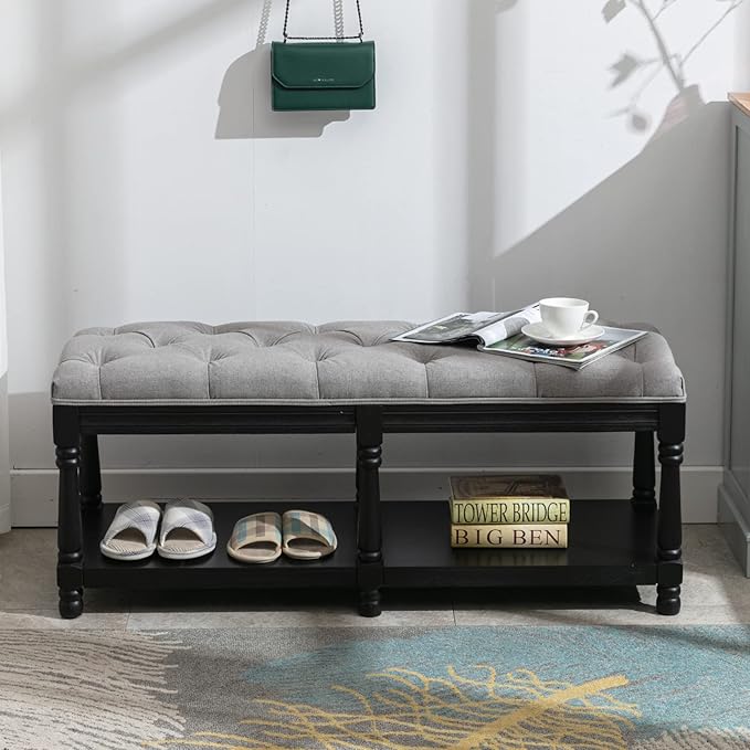 Farmhouse Storage Bench Wooden Entryway Linen Upholstered Ottoman Button Tufted Bench with Black Legs for Bedroom End of Bed Hallway Organizer, Grey, 45 Inch
