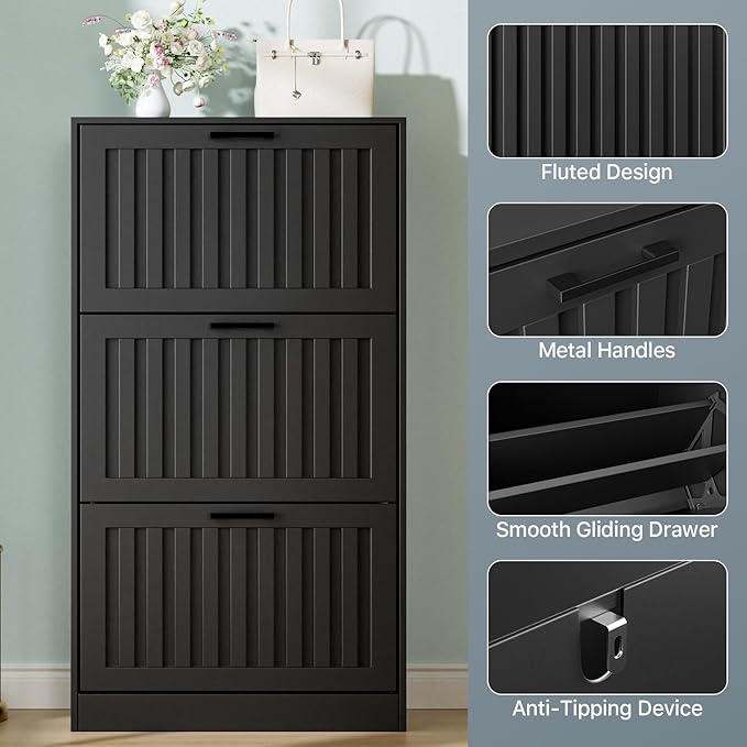 Shoe Storage Cabinet for Entryway with 3 Flip Drawers, Wooden Shoe Organizer with Adjustable Shelf, Freestanding Wood Fluted Panel Shoes Cabinet Closed Shoe Rack for Hallway Foyer, Black