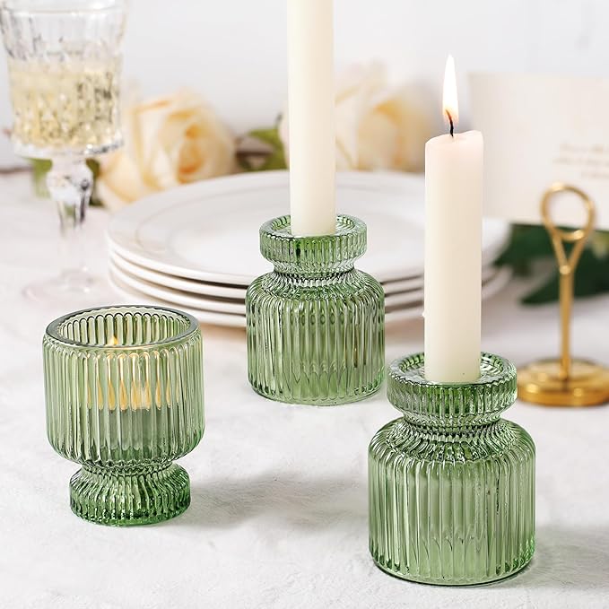 DARJEN 6 Pcs Green Candlestick Holders - Glass Taper Candle Holders Tealight Votive Candle Holders for Table Centerpieces, Wedding, Dinner Party, Home, Gifts (Pack of 2)