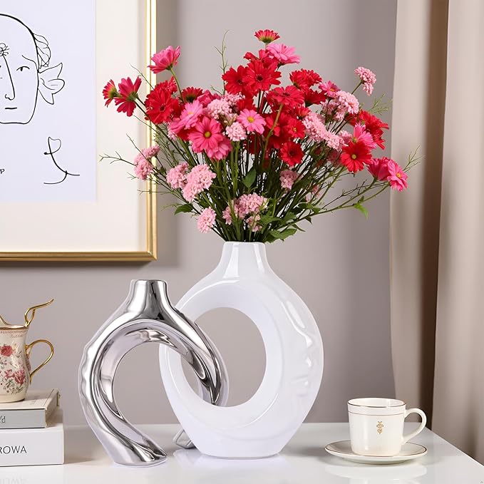 LCCCK White and Silver Ceramic Vases for Home Decor, Boho Vase for Flowers Pampas Grass Decorative, White Silver Hollow Donut Small Vase for Living Room Table Wedding Centerpiece Modern Vases