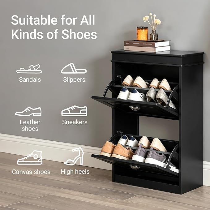 Haotian Small Shoe Cabinet, Black 2 Flip Drawers Freestanding Shoe Rack, Shoe Storage Cupboard Organizer (9.45" D x 20.87" W x 32.28" H), FSR78-SCH