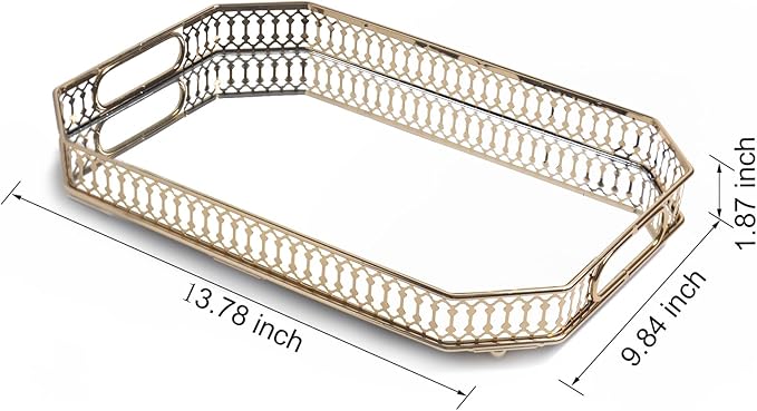 Bar Cart Tray Glass and Gold Tray，Mirrored Tray for Cologne, Perfume and Gold Vanity Tray- Decorative Mirrored Vanity Tray with Cutout Design, Glass Base, Metal Jewelry Organizer