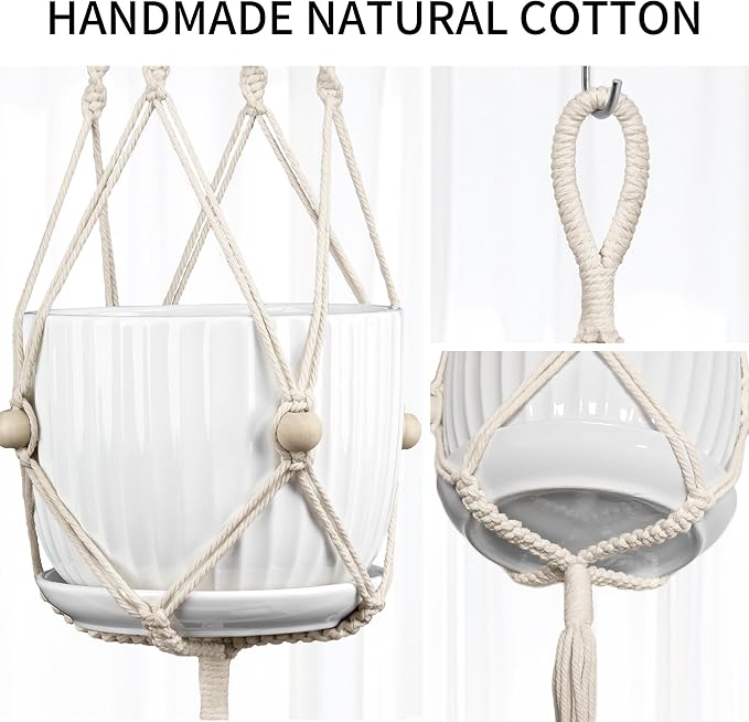 Macrame Plant Hanger - Fits 4-12 Inch Pots, Hanging Planter Holder for Indoor Outdoor, Cotton Rope with Tassels Boho Home Decor, 44 Inch, Set of 2, Ivory