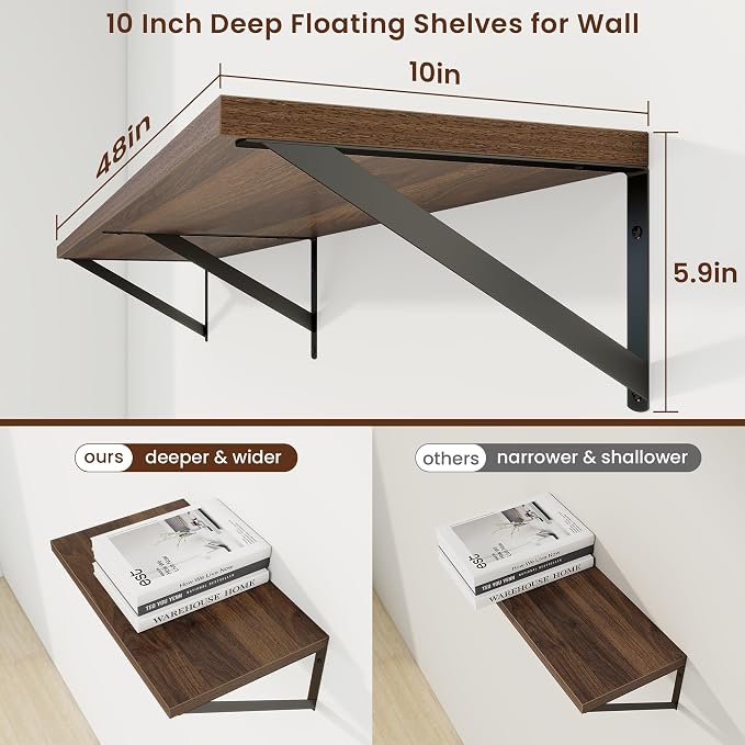 Axeman 48 Inch Floating Shelves | 10 Inch Deep Walnut Wall Shelves Set of 2 | 48" W x 10" D Walnut Floating Shelves for Living Room Bathroom Kitchen