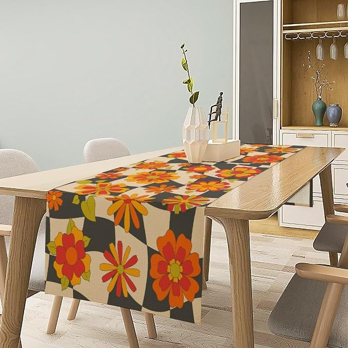 Retro Floral Checkered Table Runner 60s 70s Vintage Flowers Twisted Colorful Groovy Trendy Hippie Grid Farmhouse Country Dinner Runner for Home Kitchen Dining Table Party Holiday Decor 13"x90"