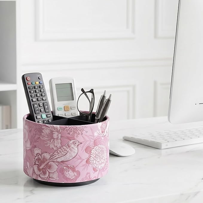 Round Leather Art Supply Organizer,Remote Control Holder,360 Degree Spinning,Multi-Functional Pencil Holder,4 Compartments Desktop Stationary Organizer(1-Purple Bird)