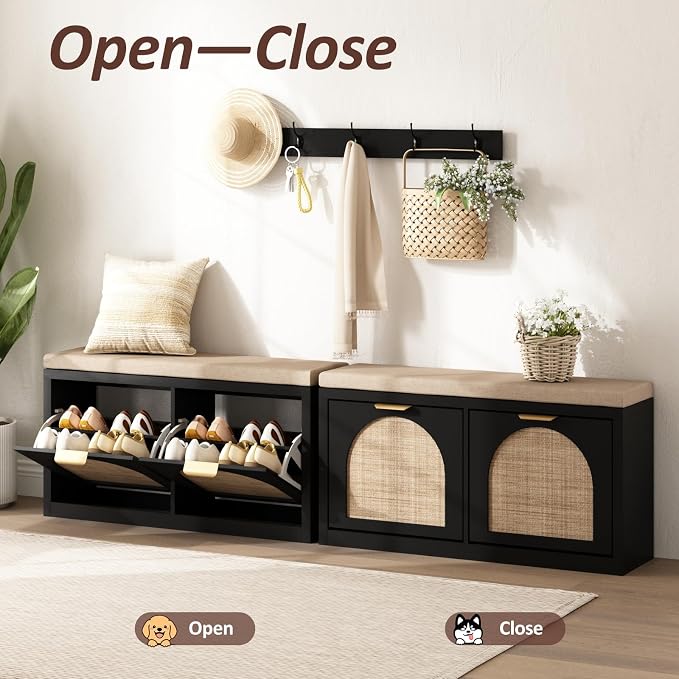 Rattan Narrow Entryway Bench with Shoe Storage, 2 Flip Drawers & Coat Rack, Mid-Century Modern Wood Shoe Cabinet with Seat Cushion for Foyer/Hallway (Black)