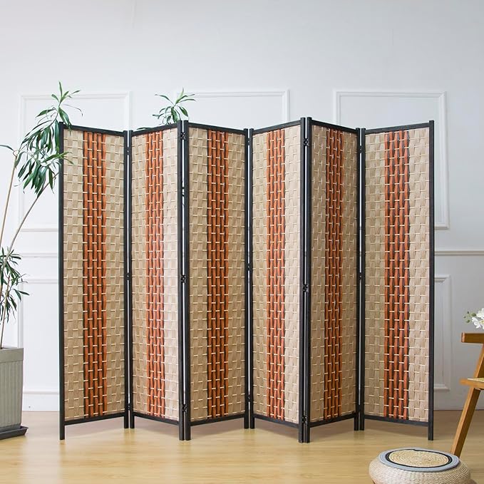 Furnnylane 6 Panel Rattan Room Divider, 5.9 ft Tall Double-Sided Blackout Folding Privacy Screen for Room Separation, with Beige and Orange Panels for Home & Office (70.9" H x 106.3" W)