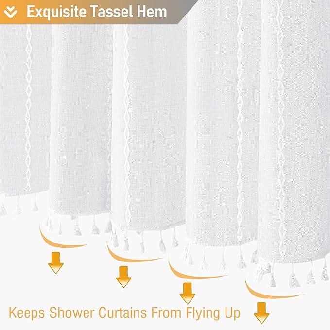 BTTN White Farmhouse Shower Curtain, Boho Linen Striped Heavy Duty Fabric Shower Curtain Set with Tassel, Bohemian Country Ultra Thick Shower Curtain for Bathroom, Wrinkle Free, Water Repellent, 72x72