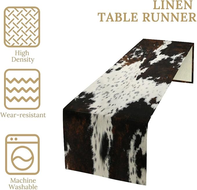 Cow Print Table Runner,Western Style Black Brown Cowhide Farmhouse Pattern Table Runner for Coffee Table Dining Room Table Bedroom Party Holiday Decor 13x36inch