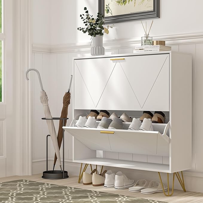 LYNSOM Shoe Cabinet with 2 Flip Drawers, Shoe Cabinet Storage for Entryway, White Shoe Storage Cabinet, Slim Wooden Freestanding Shoe Rack, Shoe Organizer with Fluted Panel for Hallway