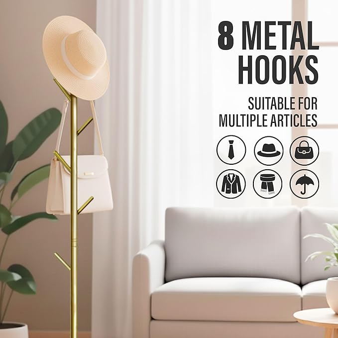 Coat Rack Freestanding Metal Clothing Rack – Modern Clothes Organizer with 8 Coat Hooks – Space-Saving Hall Tree for Entryway, Bedroom, Office – Sturdy Minimalist Coat Hanger & Garment Rack (Gold)