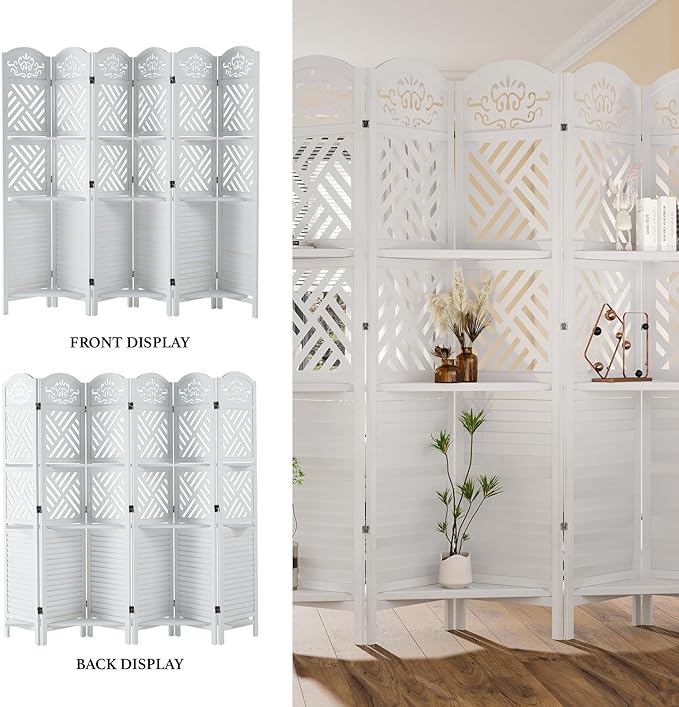 Room Divider with Shelves, 5.75ft Tall Folding Wood Carved Screen with Double Hinges for Home Office Bedroom Hotel Decoration (6 Panels, Pure White)