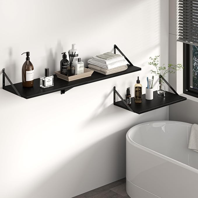 Heimlove Black Deep Floating Shelves for Wall, 20W x 12D Wood Wall Shelves Set of 2, Wide Floating Bookshelf for Living Room, Kitchen, Office, Bedroom and Decor Storage, with Metal Bracket - Black