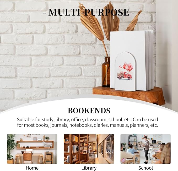 Love Rose Red Turck L-Shaped Book Ends 1 Pair Wood Bookends Valentine's Day Book End Supports for Heavy Book Shelf Holder Home Decorative