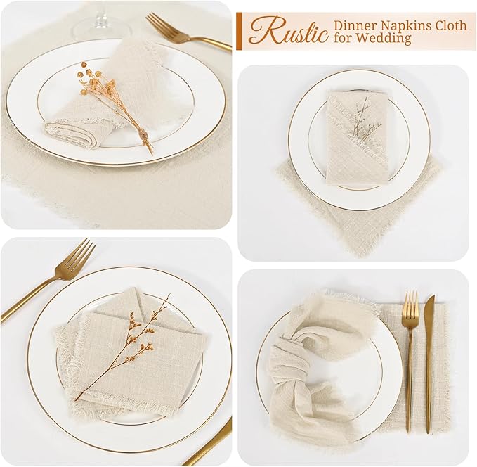 50 Pack Cotton Linen Napkins Bulk 16 x 16 Inch Cotton Linen Cloth Napkins with Fringe Rustic Handmade Napkin Cloth Washable Dinner Napkin Cloth for Wedding Party Bridal Shower