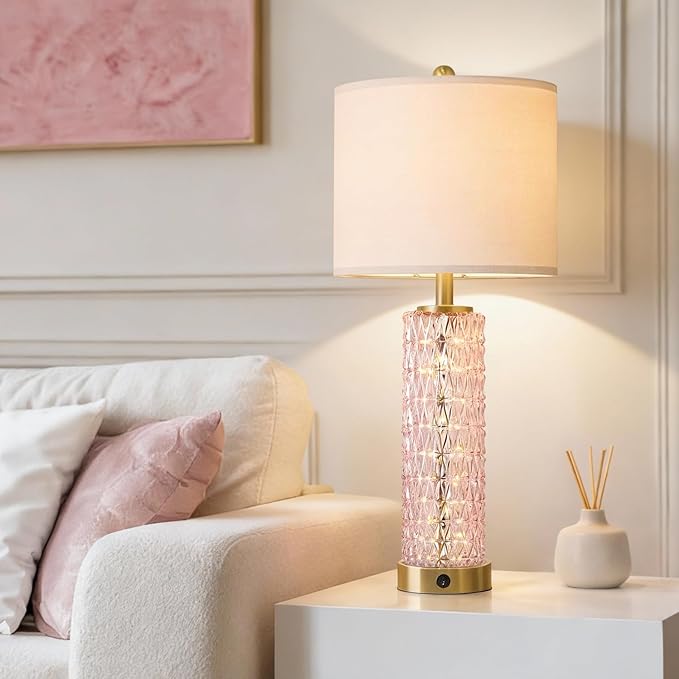 Oneach 27.75" Modern Table Lamps Set of 2, Pink Bedside Lamp with Class Nightlight, USB A+C, Unique Desk Lamps for Living Room, Bedroom, Nightstand, End Table (2 Bulbs Included)