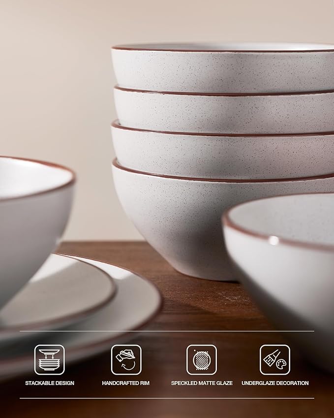 Famiware Venus Speckled Dinnerware Set, 24-Piece Stoneware Dishes for 6, Matte Light Gray - Includes Pasta Bowls & Dinner Plates for Everyday Meals or Formal Dining, Microwave & Dishwasher Safe