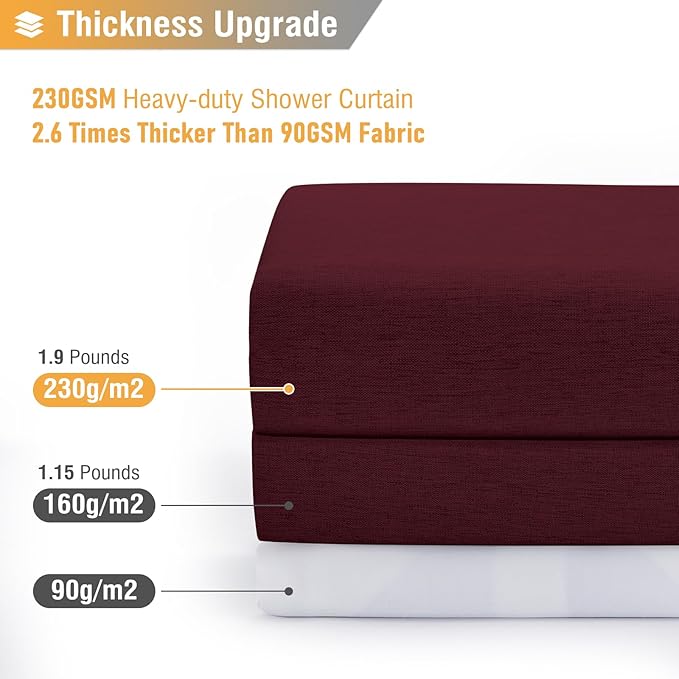 BTTN Burgundy Shower Curtain - Linen Textured Heavy Duty Waterproof Cloth Shower Curtain Set with 12 Plastic Hooks, Hotel Spa Luxury Simple Decorative Thick Fabric Shower Curtains for Bathroom - 72x72