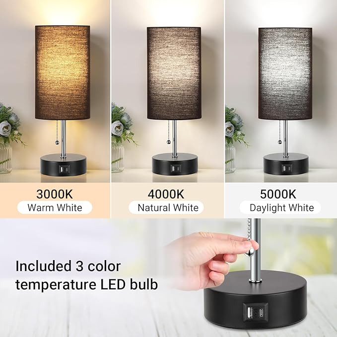 3-Color Temperature Bedside Lamp Nightstand Lamp with USB A Port and C Port, Table Lamp for Bedroom with LED Bulb Small Lamps for Living Room (Black)