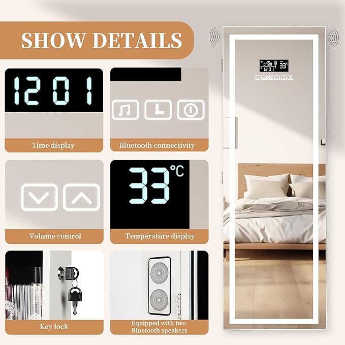 LED Mirror Jewelry Cabinet with Bluetooth Speaker, Wall/Door Mounted Jewelry Organizer Armoire, Full Length Lighted Mirror with Jewelry Storage,Jewelry Box Standing for Women