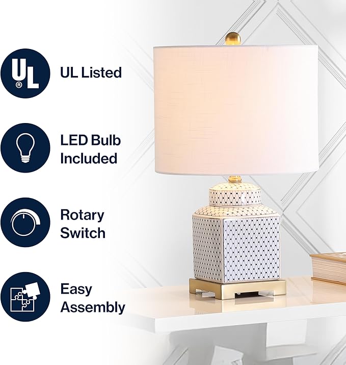 JONATHAN Y 21.5" White and Navy Blue Ceramic Ginger Jar LED Table Lamp, Modern Chinoiserie Fishnet Pattern with White Linen Shade and Brass Gold Base, LED Bulb Included JYL3043A