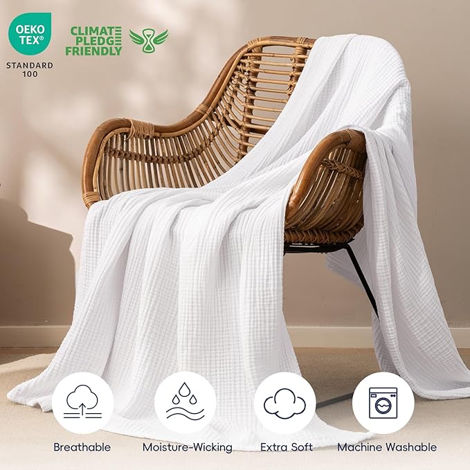 PHF 100% Cotton Muslin Throw XL Blanket Large 50" x 70", 4-Layer Lightweight Gauze Throw, Breathable Cloud-Soft Minimalist Blanket for Bed, Couch, Camping, White, Ideal Gift
