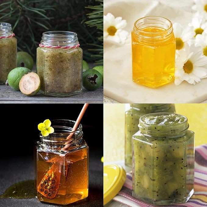 4 oz Hexagon Glass Jam Jars with Gold Lids,30 Pack Canning Jars for Jams,120ml Small Glass Honey Jar for Food Storage,Spices,Sauces,Baby Foods,Wedding Favors and Jars Crafts