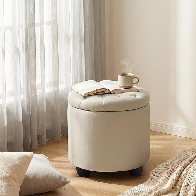 Furniliving Modern Round Storage Ottoman,Button Tufted Ottoman Foot Stools Ottoman Footstool with Removable Lid Storage Ottoman for Living Room, Bedroom, Makeup Room，Beige