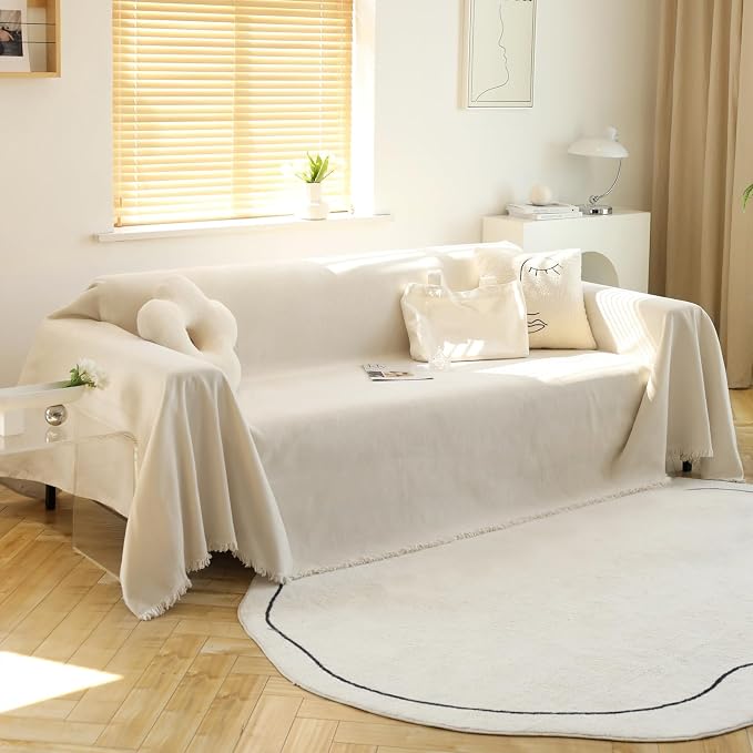 MEETSKY Couch Cover Sofa Covers Couch Covers for 3 Cushion Couch Sofa Pet Friendly, L Shaped Sectional Sofa Covers Washable Simply Put Sofa Throw Cover for Dogs, 91" x 134", Beige